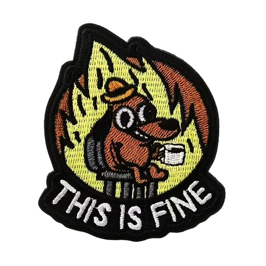 Unleash your creativity with the This Is Fine Embroidery Patch Hook &amp; Loop! Measuring 7.7x6.5cm and featuring a beautifully embroidered design and secure hook &amp; loop backing, this patch is a must-have for any collector. www.moralepatches.com.au