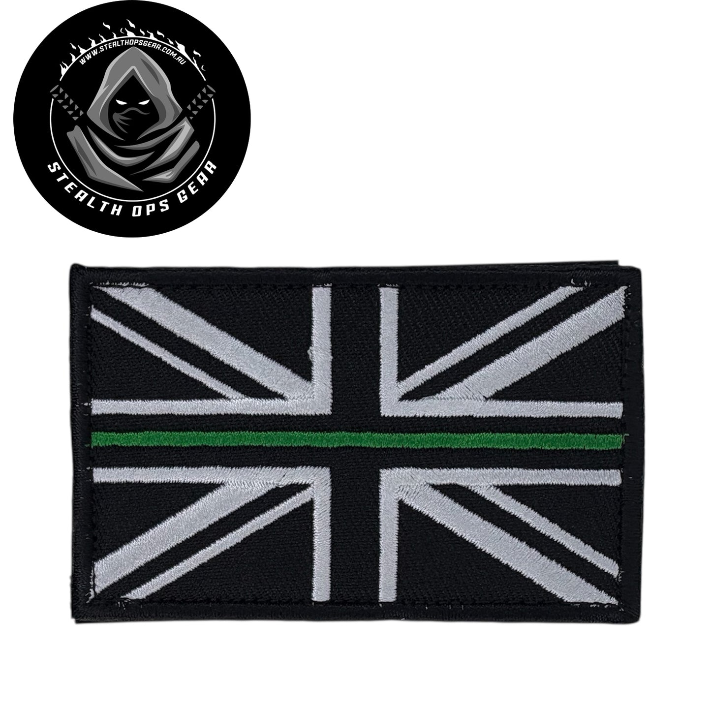 UK Thin Green Line Embroidery Morale Patch - Stealth Ops Gear, measuring 8x5cm, is a striking and durable addition to personalize your gear with style and toughness. Crafted with high-quality embroidery, this patch features a versatile pattern that blends seamlessly with various tactical and outdoor equipment. www.moralepatches.com.au
