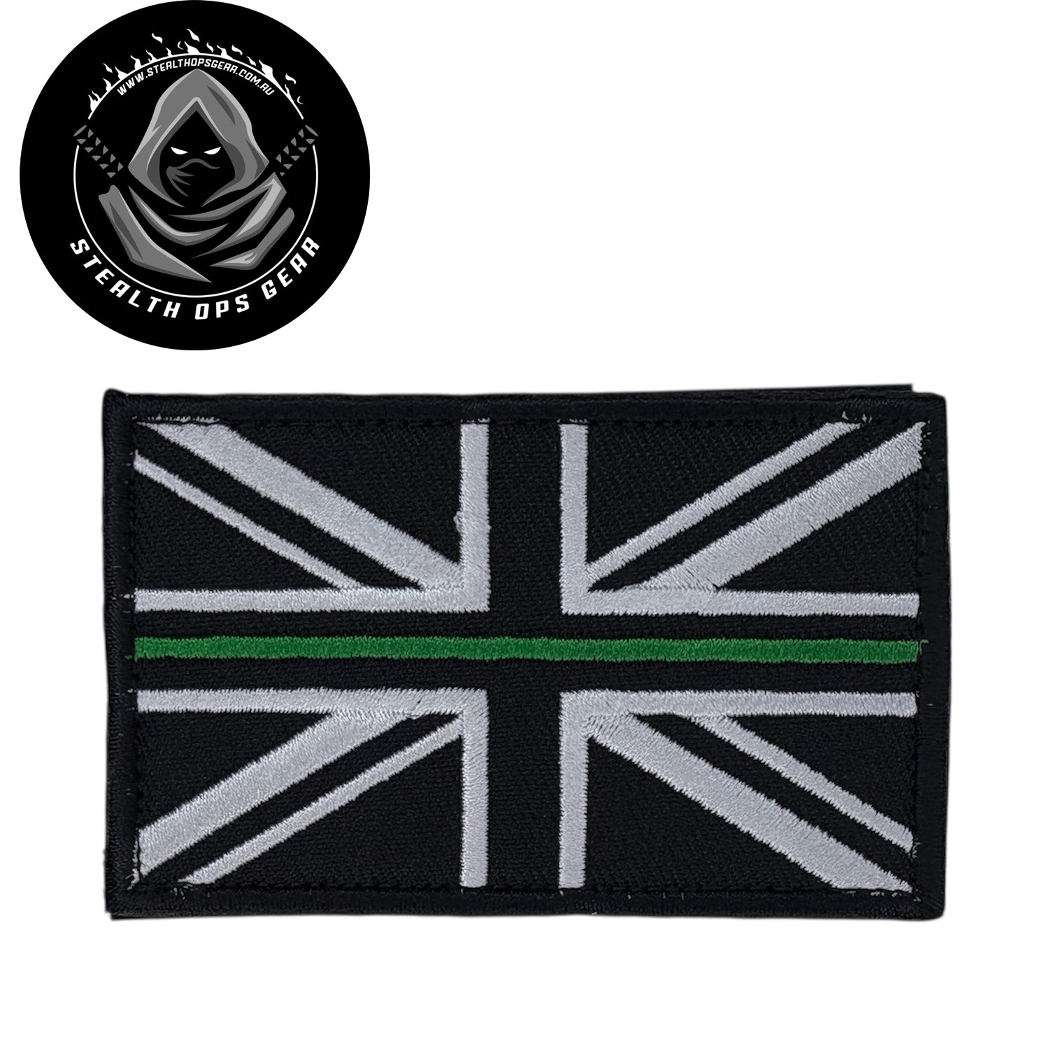 UK Thin Green Line Embroidery Morale Patch - Stealth Ops Gear, measuring 8x5cm, is a striking and durable addition to personalize your gear with style and toughness. Crafted with high-quality embroidery, this patch features a versatile pattern that blends seamlessly with various tactical and outdoor equipment. www.moralepatches.com.au
