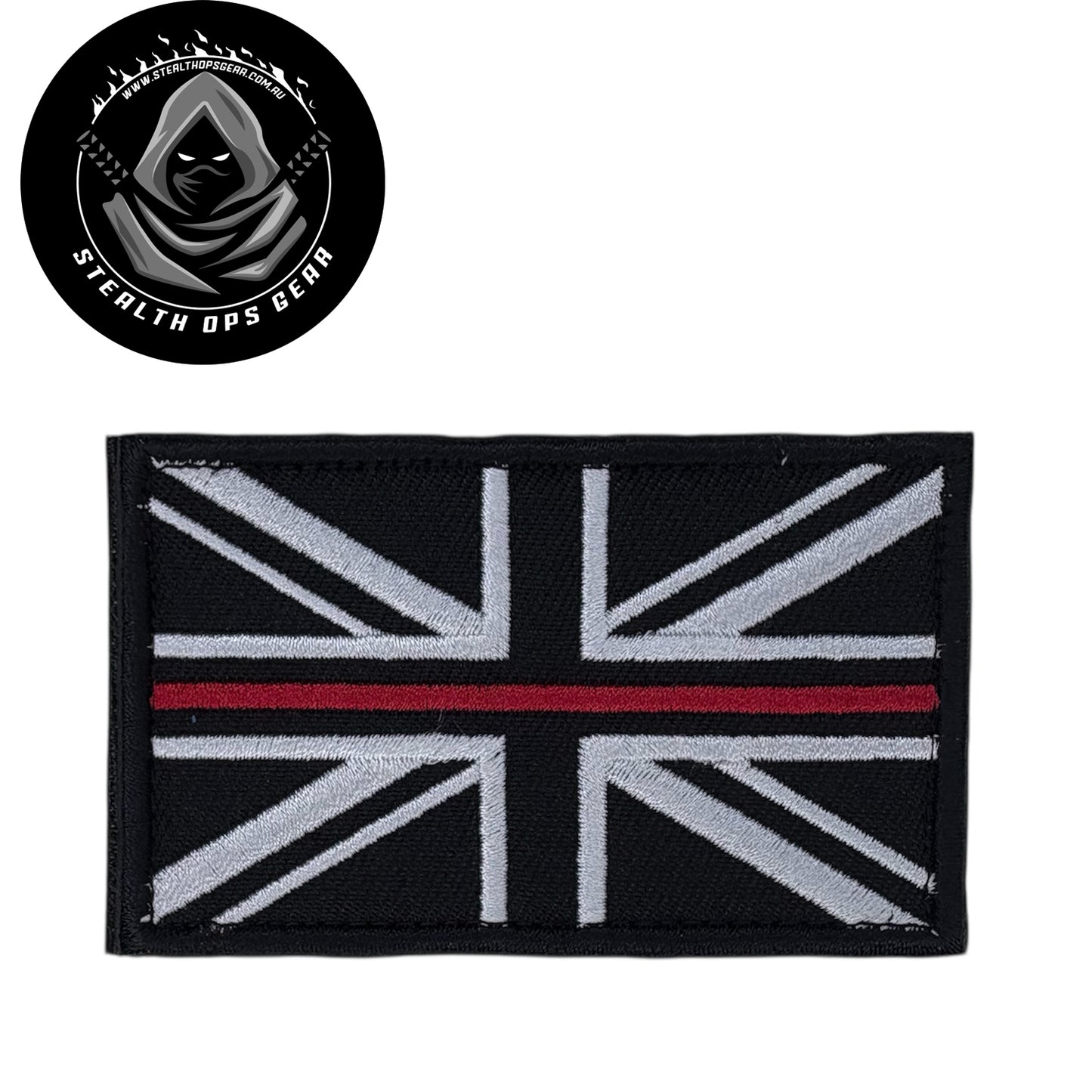 UK Thin Red Line Embroidery Morale Patch - Stealth Ops Gear, measuring 8x5cm, is a striking and durable addition to personalize your gear with style and toughness. Crafted with high-quality embroidery, this patch features a versatile pattern that blends seamlessly with various tactical and outdoor equipment. www.moralepatches.com.au