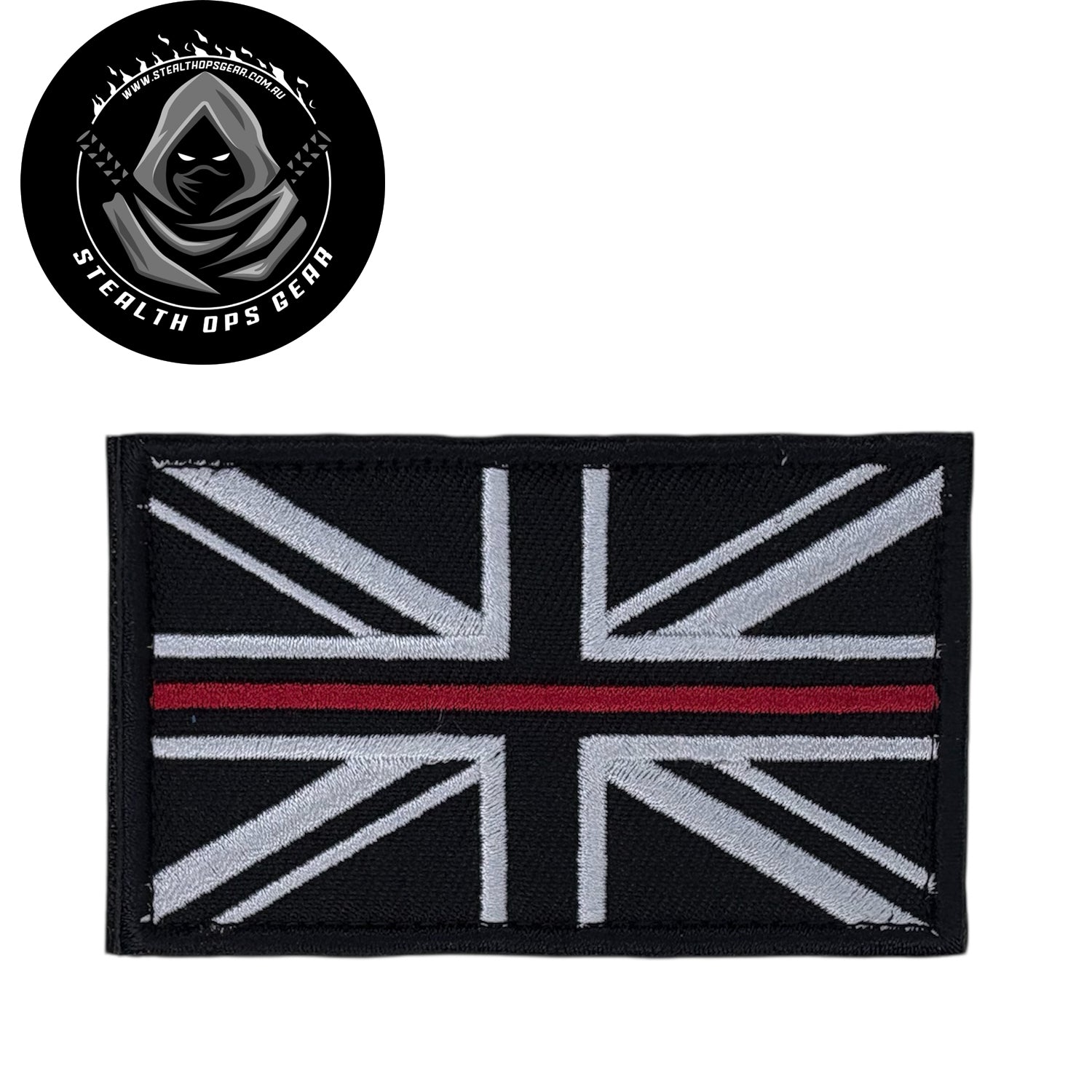 UK Thin Red Line Embroidery Morale Patch - Stealth Ops Gear, measuring 8x5cm, is a striking and durable addition to personalize your gear with style and toughness. Crafted with high-quality embroidery, this patch features a versatile pattern that blends seamlessly with various tactical and outdoor equipment. www.moralepatches.com.au