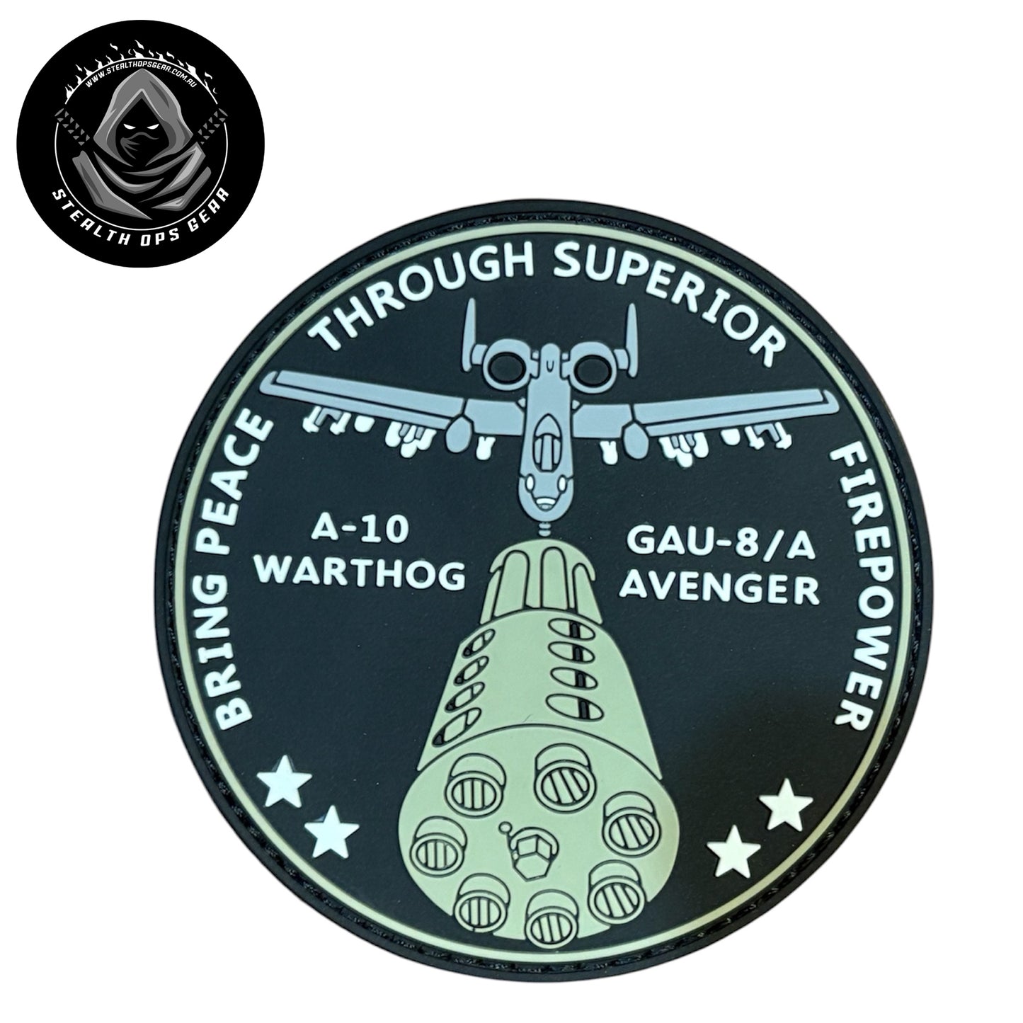 A-10 Warthog Peace Through Firepower PVC Morale Patch - Stealth Ops Gear. This bold PVC morale patch delivers attitude and authenticity to your tactical gear, backpack, or everyday carry.  www.moralepatches.com.au