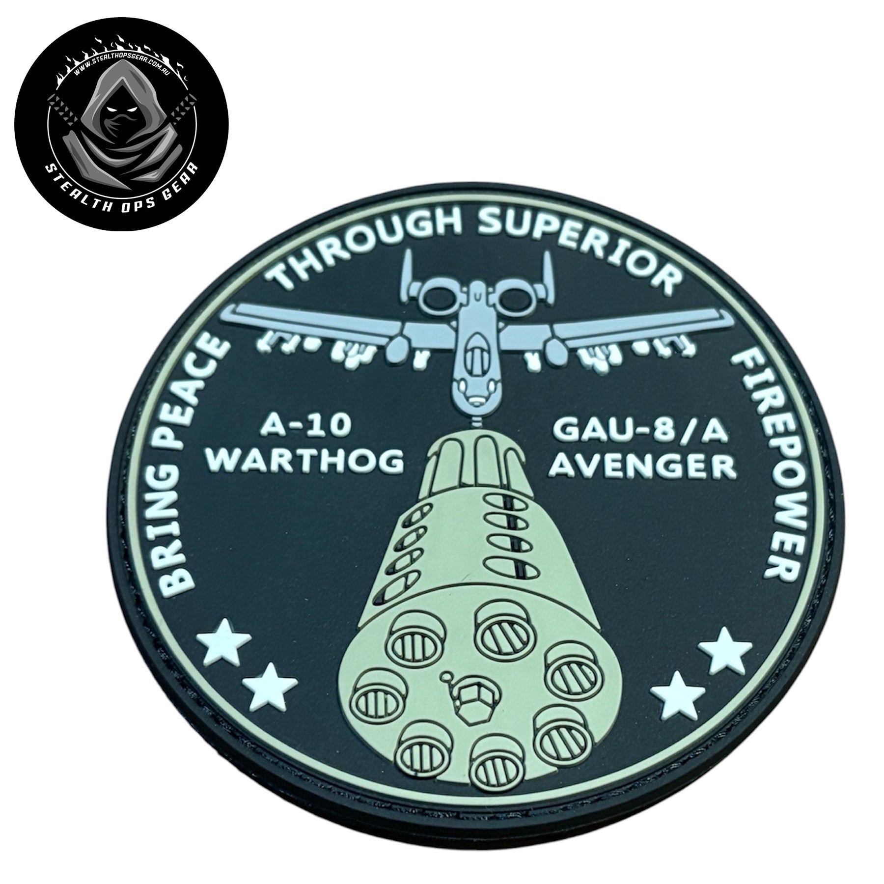 A-10 Warthog Peace Through Firepower PVC Morale Patch - Stealth Ops Gear. This bold PVC morale patch delivers attitude and authenticity to your tactical gear, backpack, or everyday carry.  www.moralepatches.com.au