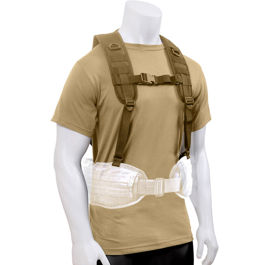 Rothco's Tactical Battle Harness provides you with a superior load bearing solution that will keep your battle belt from slipping down in combat.  Tactical Harness Features Four Webbing Straps That Attach To The D-Rings On Your Battle Belt Padded Shoulder Straps And Yoke On The Battle Belt Harness For Comfortable Long-Term Wear Battle Belt Harness Features MOLLE Loops, Elastic Loop, And A D-Ring On Each Shoulder Strap Allow For Additional Attachments www.moralepatches.com.au