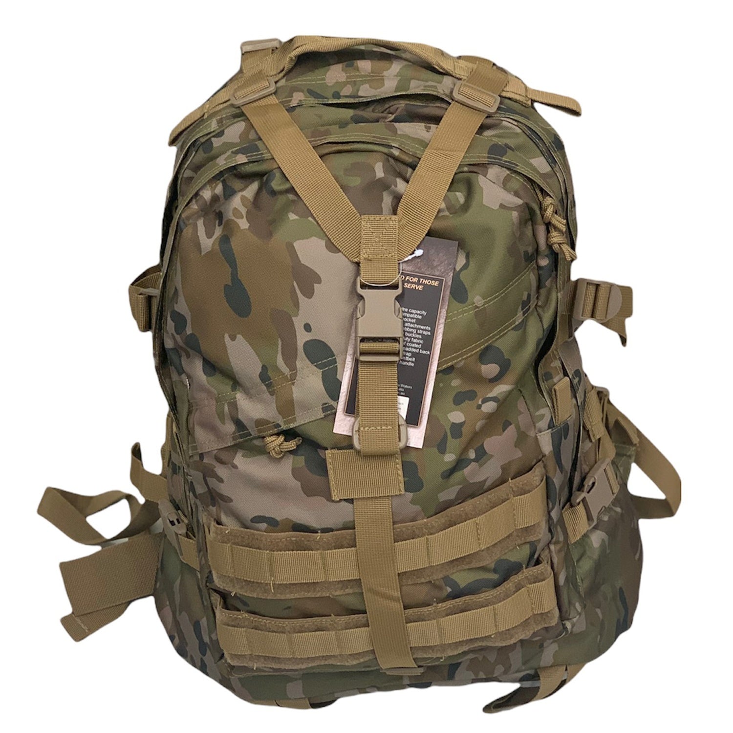 Heavy duty breathable mesh harness and shoulder straps with sternum strap  Heavy duty 900D 2 coats PU fabric  Side compression straps  MOLLE compatible  Webbing helmet straps  Multiple tie off points  Front pocket  Bonus 2L wide mouth EVA bladder with neoprene hose cover