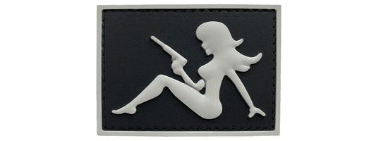 Mudflap Girl with Pistol on Right Hand PVC Patch, Velcro backed Badge. Great for attaching to your field gear, jackets, shirts, pants, jeans, hats or even create your own patch board.  Size: 7x5cm