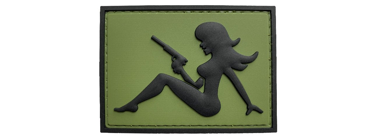 Mudflap Girl with Pistol on Right Hand PVC Patch, Velcro backed Badge. Great for attaching to your field gear, jackets, shirts, pants, jeans, hats or even create your own patch board.  Size: 7x5cm