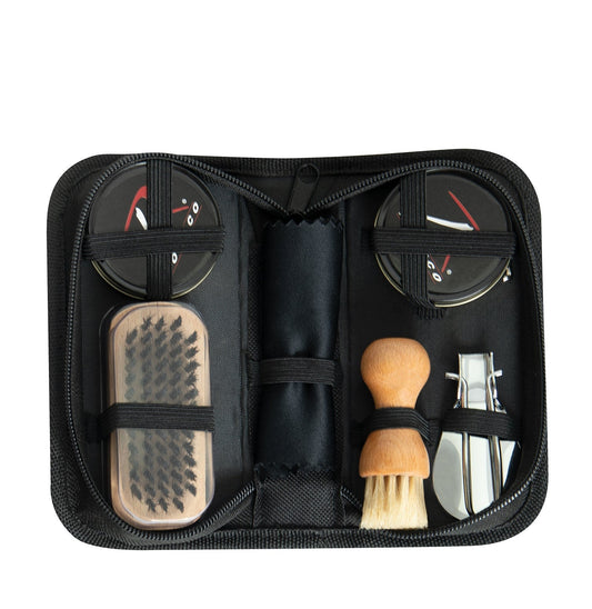 Compact Shoe Shine Kit Contains Six Essential Uniform Boot And Shoe Care Items: Two 16g Tins Of Black Polish – Great For Cleaning Worn-Out Boots, Shoes, And Other Leather Items Remove Dirt And Debris Before Polishing And Apply The Black Polish To Your Footwear With The Round Dauber Brush Secondary Brush Is Great For Reaching The Small Areas On Your Boots Multi-Purpose Cleaning Cloth Is Ideal For Buffing Out Any Irregulars And Leaving A Glossy Finish