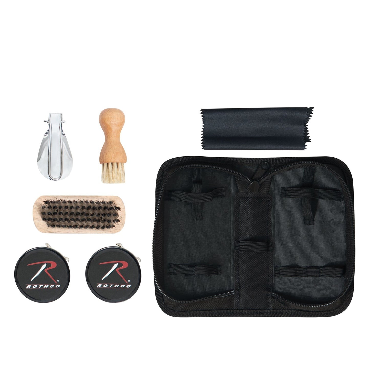 Compact Shoe Shine Kit Contains Six Essential Uniform Boot And Shoe Care Items: Two 16g Tins Of Black Polish – Great For Cleaning Worn-Out Boots, Shoes, And Other Leather Items Remove Dirt And Debris Before Polishing And Apply The Black Polish To Your Footwear With The Round Dauber Brush Secondary Brush Is Great For Reaching The Small Areas On Your Boots Multi-Purpose Cleaning Cloth Is Ideal For Buffing Out Any Irregulars And Leaving A Glossy Finish