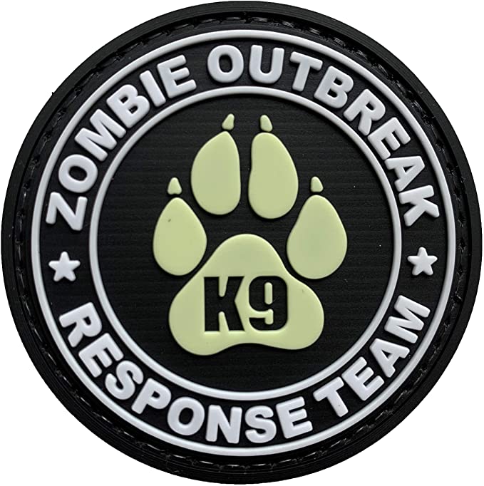 Zombie Outbreak Response Team with K9 Paw PVC Patch Glow, Velcro backed Badge. Great for attaching to your field gear, jackets, shirts, pants, jeans, hats or even create your own patch board.  Size: 6cm