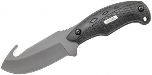 The Schrade Old Timer Copperhead Guthook Fixed Blade features a full tang 3.71″ Titanium-Nitride coated drop point blade made from 7Cr17MoV high carbon stainless steel. The handles are snake skin textured rubber with a jimped thumb ramp, finger guard, and lanyard hole. Comes with a black nylon belt sheath.