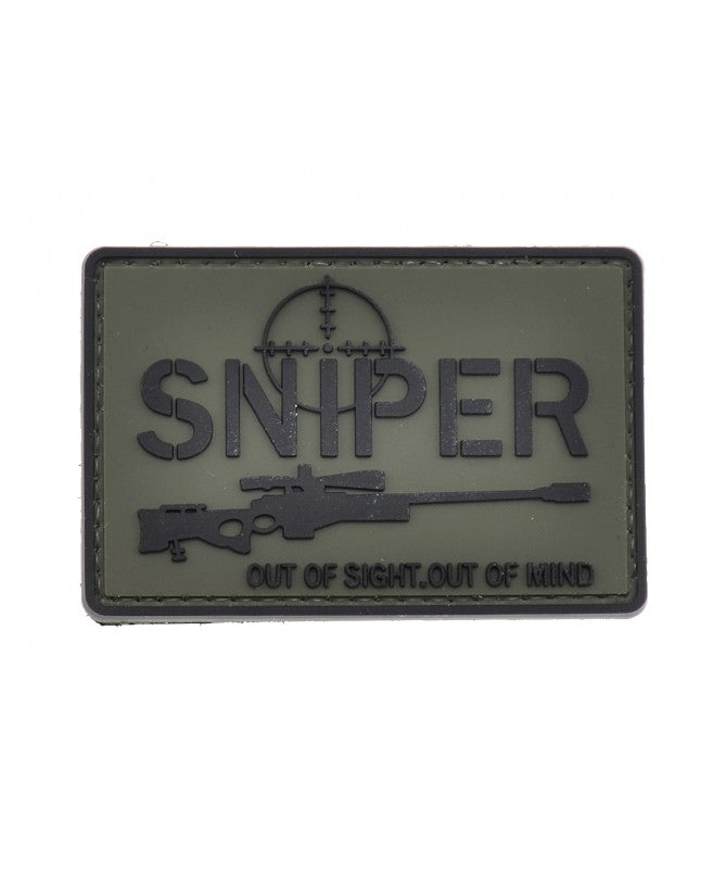 Sniper, Out of Sight, Out of Mind PVC Patch, Velcro backed Badge. Great for attaching to your field gear, jackets, shirts, pants, jeans, hats or even create your own patch board.  Size: 7.5x5cm