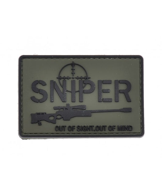 Sniper, Out of Sight, Out of Mind PVC Patch, Velcro backed Badge. Great for attaching to your field gear, jackets, shirts, pants, jeans, hats or even create your own patch board.  Size: 7.5x5cm