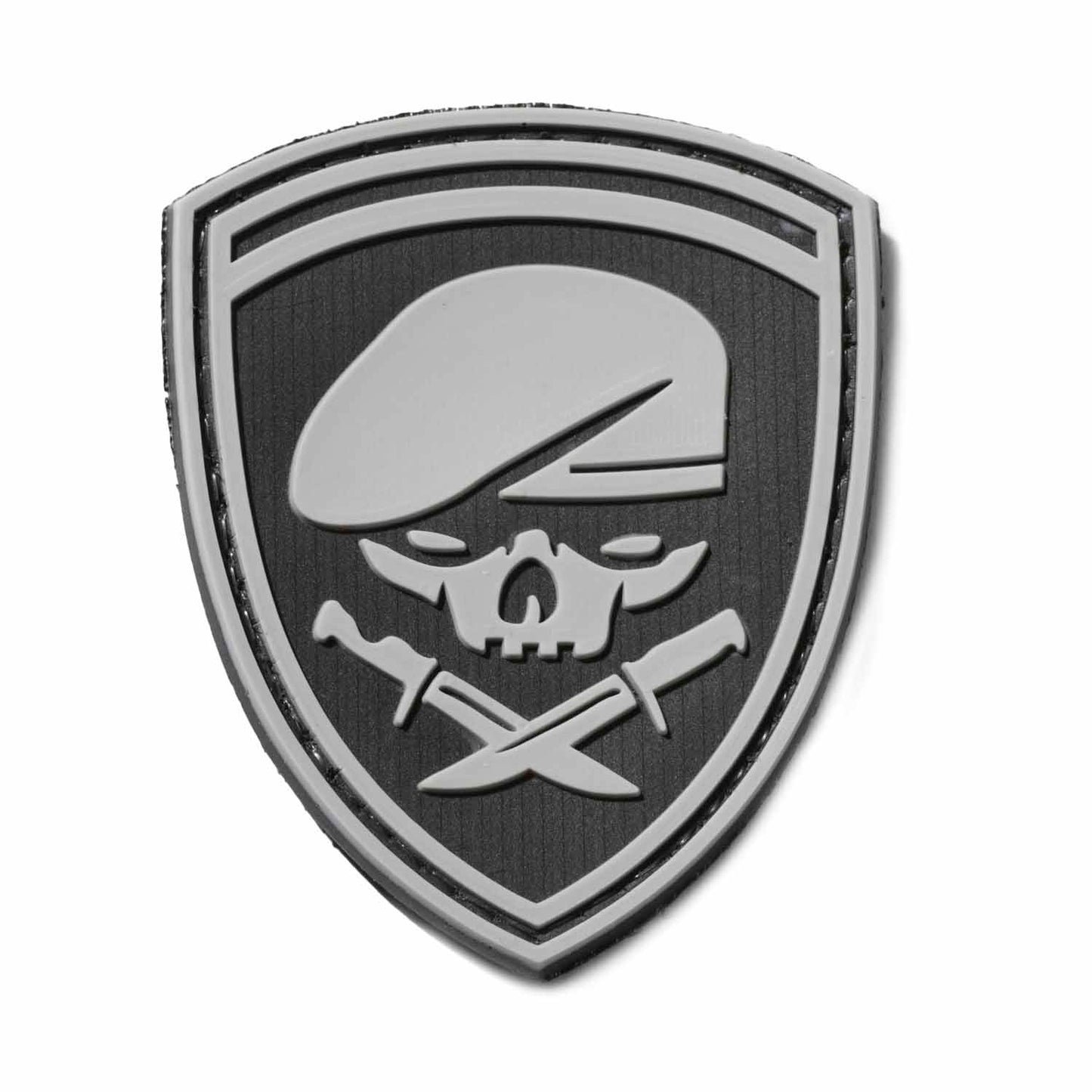 Skull Knife PVC Patch, Velcro backed Badge. Great for attaching to your field gear, jackets, shirts, pants, jeans, hats or even create your own patch board.  Size: 6x5cm