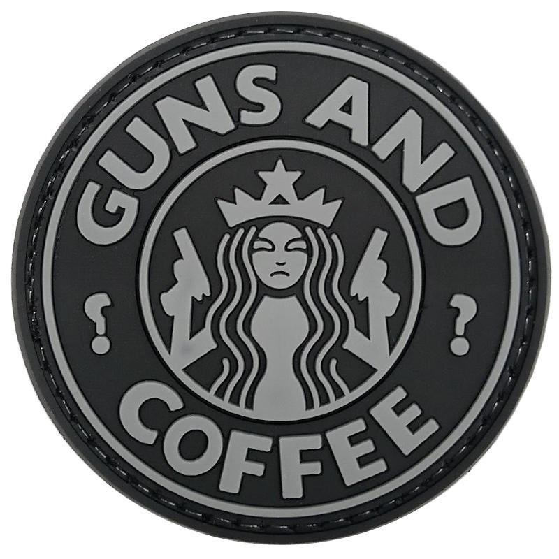 Guns and Coffee PVC Patch, Velcro backed Badge. Great for attaching to your field gear, jackets, shirts, pants, jeans, hats or even create your own patch board.  Size: 6cm