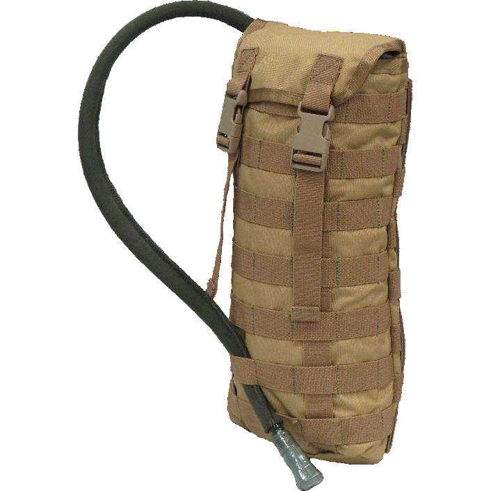 Fully adjustable MOLLE and PALS back fittings  Bonus 2L wide mouth EVA bladder with neoprene hose cover  Heavy duty 900D 2 coats PU fabric  Nylon buckle closure  MOLLE front  Can be used as a hydration pouch or large pouch