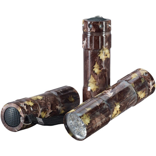 Ideal for around the house or your next camping trip, this three pack of LED torches are a handy accessory.  3 Pack of LED flashlights Great for the family to use on camping trips or around the house 9 powerful LED's per torch Bright 36 lumen white light Compact size Camouflage treatment on torch housing Wrist straps 3 x AAA batteries required per flashlight