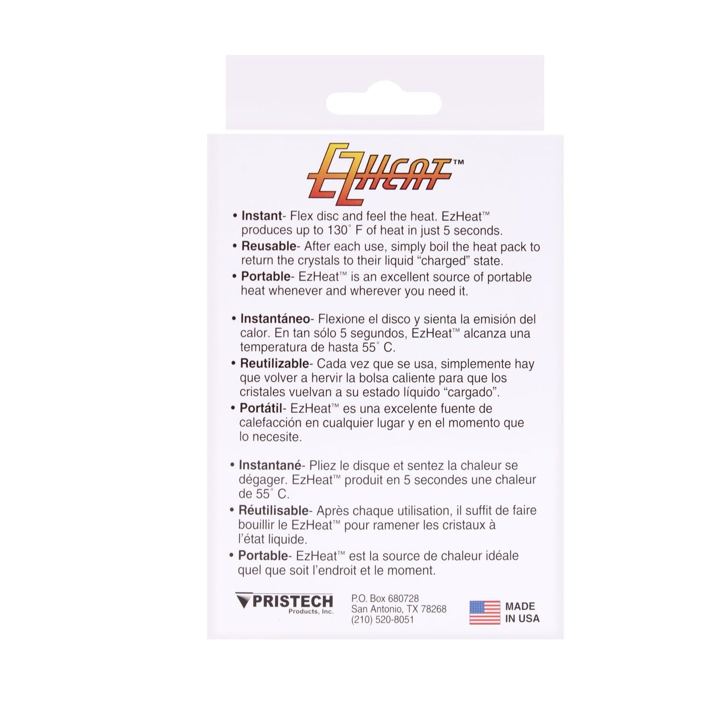 EZ Heat Handwarmer Will hold heat for 30-40 minutes. Produces up to 130F of heat in just 5 seconds. These handwarmers are great for the outdoors, camping or general cold weather.