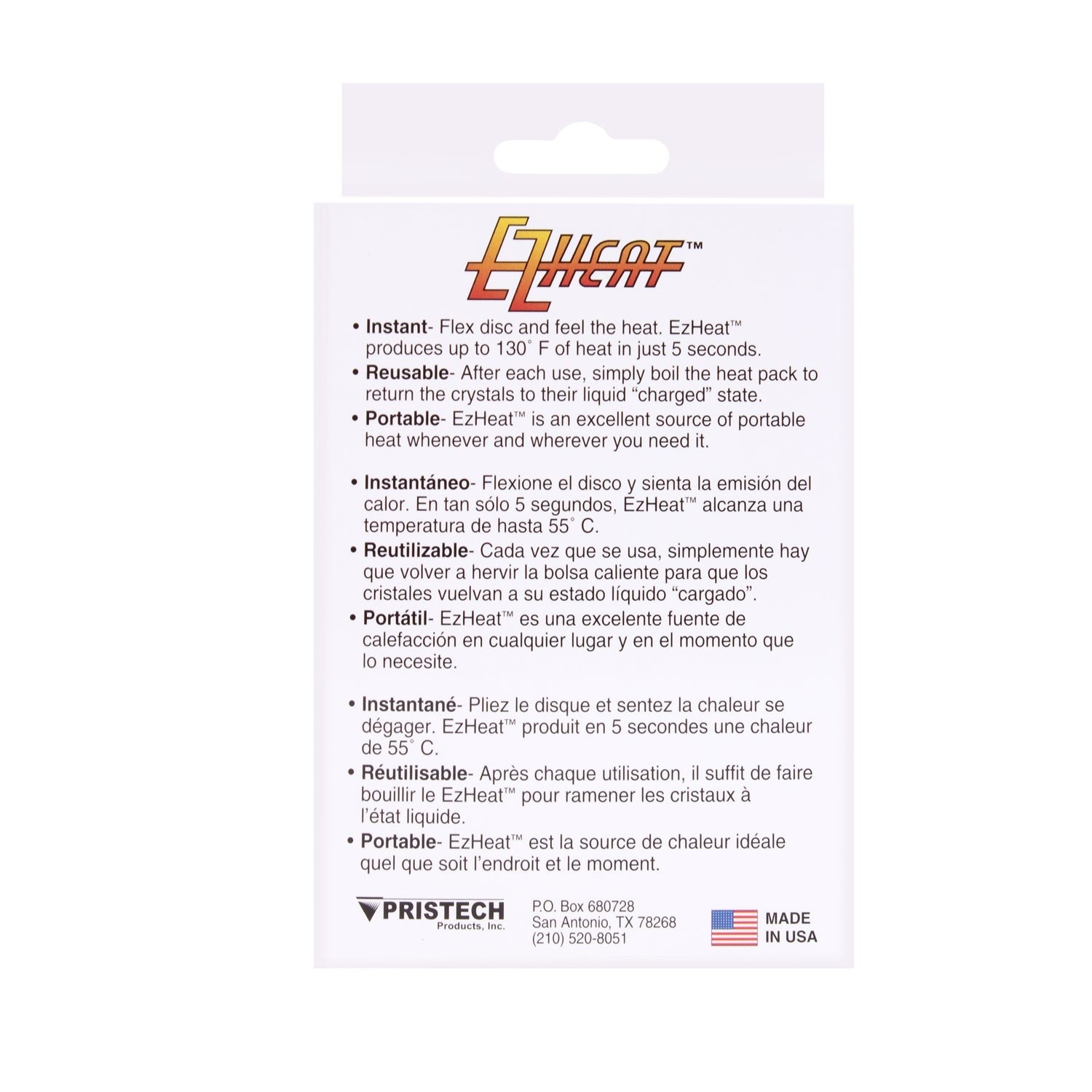 EZ Heat Handwarmer Will hold heat for 30-40 minutes. Produces up to 130F of heat in just 5 seconds. These handwarmers are great for the outdoors, camping or general cold weather.
