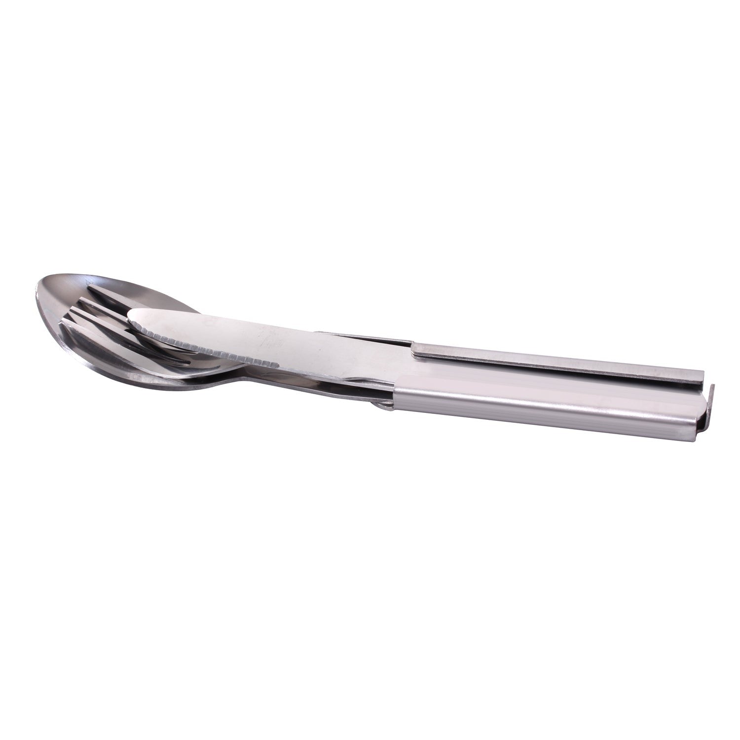 Rothco's Deluxe Chow Set is the ultimate camping utensil.   Deluxe Stainless Steel Chow Set Includes 4 Pieces: Serrated Knife, Fork, Spoon, And Can Opener/Bottle Opener Storage Pouch Included For Easy Carrying Fits Great In A Lunchbox, Bug Out Bag, Camping Or Hiking Pack All 4 Pieces Fit Easily Together To Make One Cohesive Unit