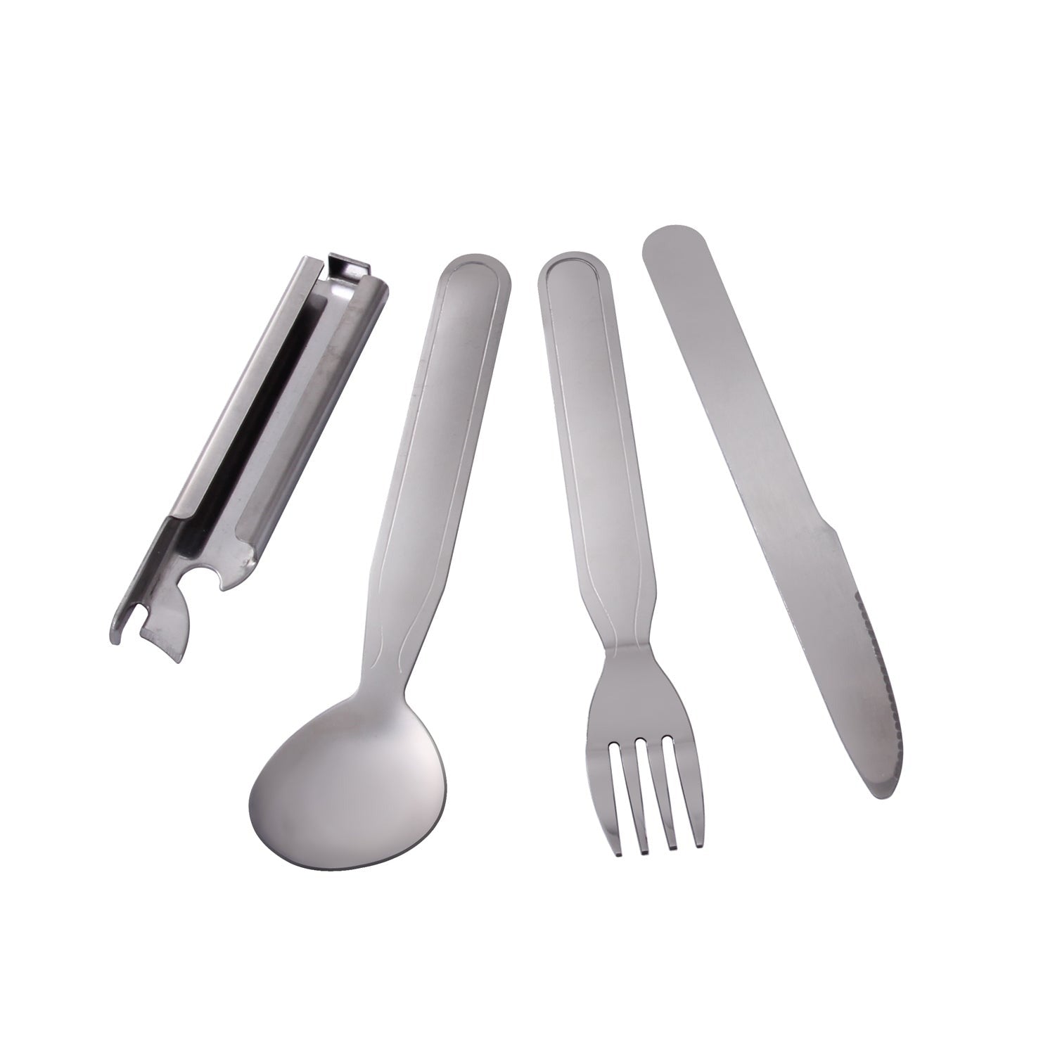 Rothco's Deluxe Chow Set is the ultimate camping utensil.   Deluxe Stainless Steel Chow Set Includes 4 Pieces: Serrated Knife, Fork, Spoon, And Can Opener/Bottle Opener Storage Pouch Included For Easy Carrying Fits Great In A Lunchbox, Bug Out Bag, Camping Or Hiking Pack All 4 Pieces Fit Easily Together To Make One Cohesive Unit