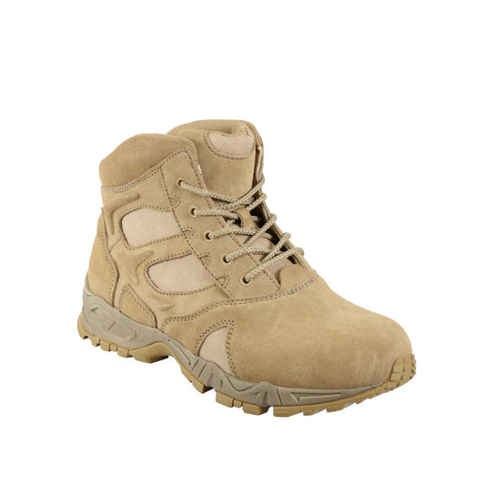 ﻿6" Forced Entry Desert Tan Boots Are ISO 9001 Certified and designed for extreme durability in the field.   ISO 9001 Certified Suede Leather Upper With Breathable Mesh For Ease Of Mobility Comfort Collar EVA Mid Sole And Rubber Outsole Mountaineer Sole For Optimal Grip Steel Shank For Added Support Rust Proof 5 Eyelet Lace System