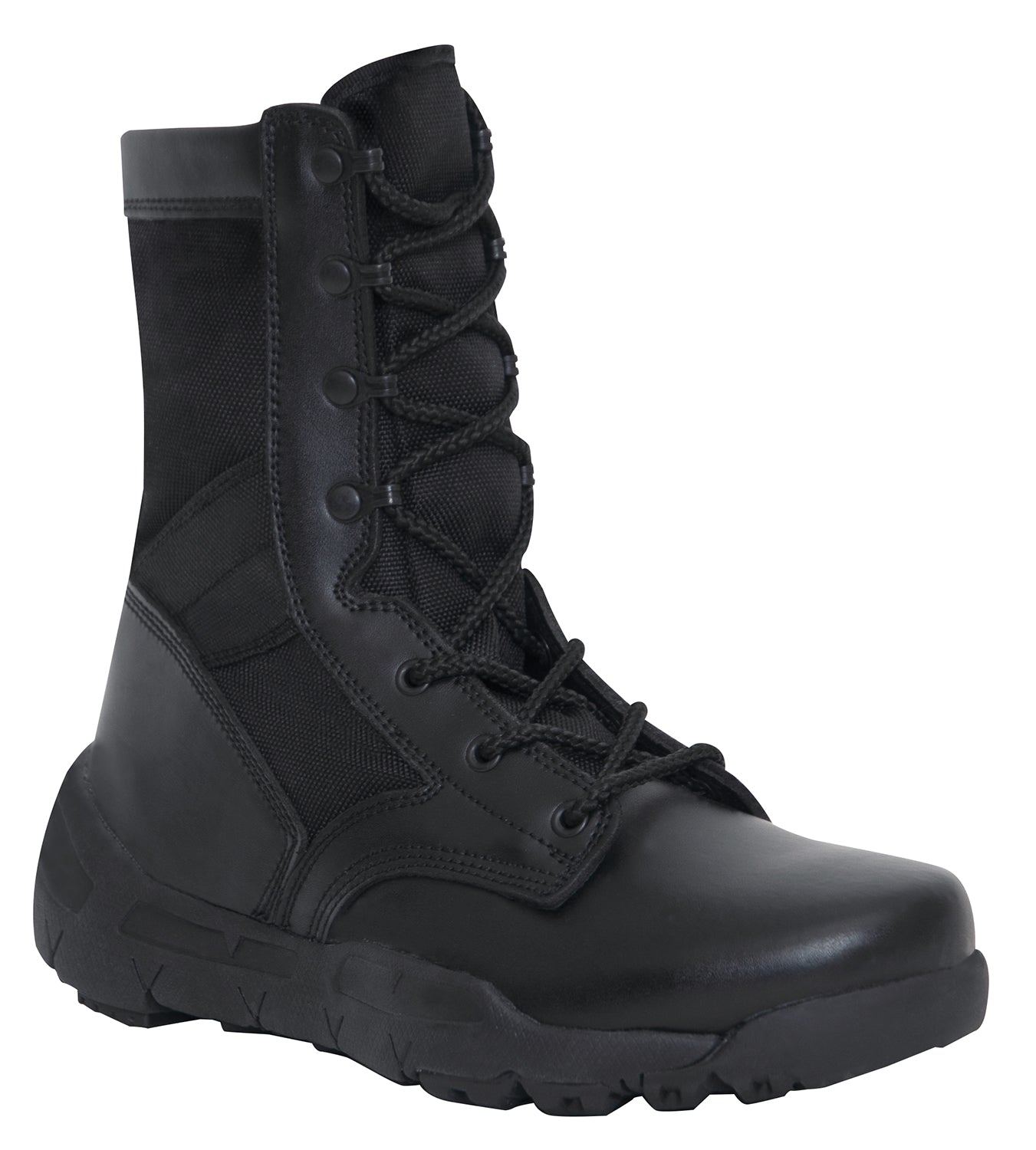   Rothco’s V-Max Lightweight Tactical Boot is the optimal choice for an all-purpose military-style boot.      Military-Style 8 ½” Cross Training Boot Is Designed With The Comfort And Support Of A Running Shoe     The V-Max Lightweight Boot Interior Contains A Removable EVA Insole And 2 Screen Air Vents To Keep Your Feet Cool     Rubber And EVA Outsole Provides Improved Traction While You Are On The Move     Iron Eyelet Lace System Will Keep Your Tactical Boots Tightly Secured