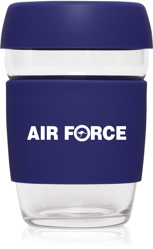 An eco-friendly way to enjoy your favourite brew. 375ml capacity glass cup with silicone lid and grip sleeve with Royal Australian Air Force logo.