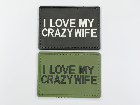 I LOVE MY CRAZY WIFE PVC Patch, Velcro backed Badge. Great for attaching to your field gear, jackets, shirts, pants, jeans, hats or even create your own patch board.  Size: 7x5cm