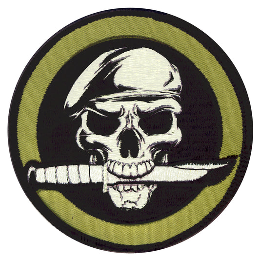 Military Skull & Knife Patch with hook backing pairs perfectly with any of our hook & loop accessories including our Special Ops Jacket and or Tactical Vests.  SIZE: 8.5CM www.moralepatches.com.au
