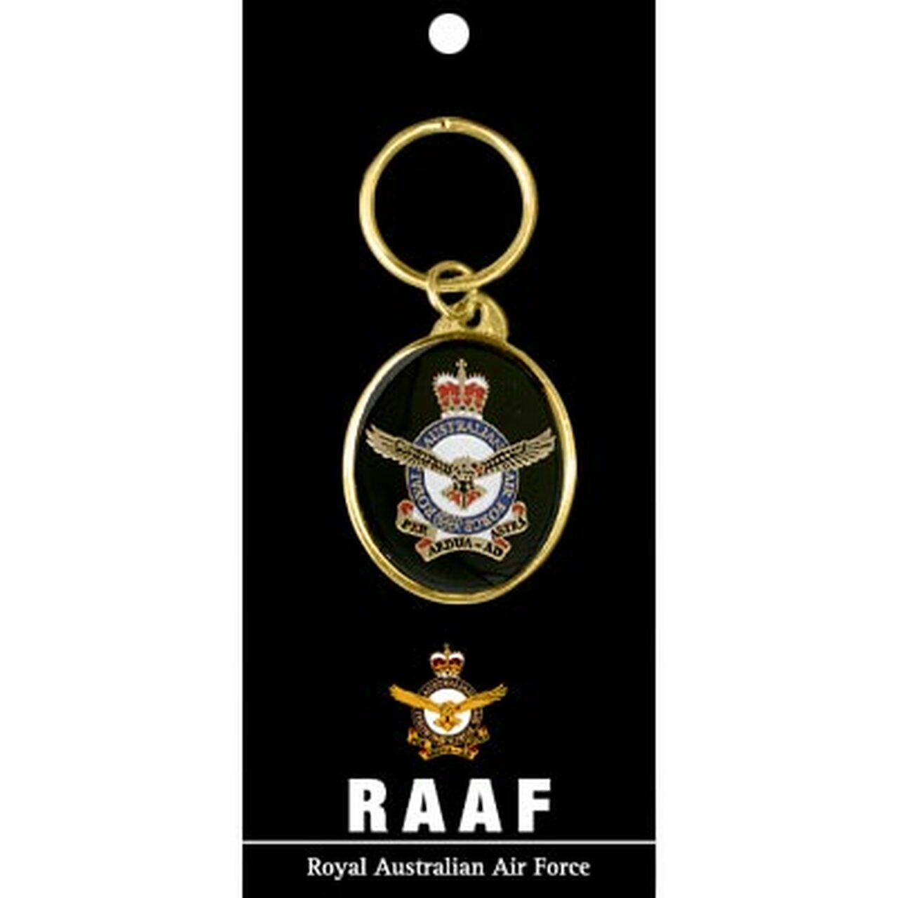 Air Force key ring. Displayed on a presentation card. This beautiful 40mm gold plated enamel key ring will keep your keys organised and start conversations. 