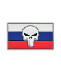 Russian Flag with Skull PVC Patch, Velcro backed Badge. Great for attaching to your field gear, jackets, shirts, pants, jeans, hats or even create your own patch board.  Size: 8.5x5cm
