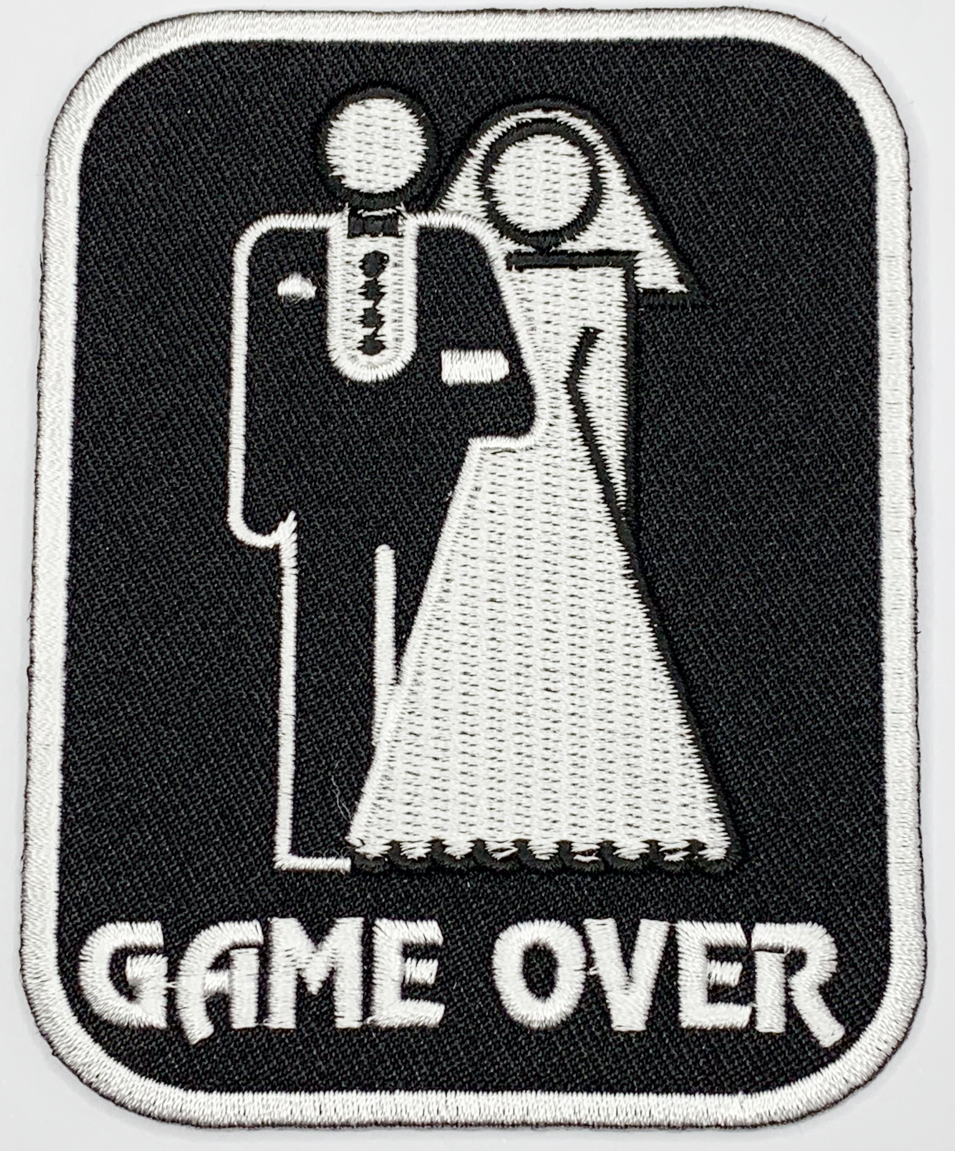 Game over marriage Iron On Patch. Great for attaching to your jackets, shirts, pants, jeans, hats.  Size: 7.62x9.53cm