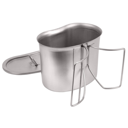 Rothco's Stainless Steel Canteen Cup and Cover Set is ideal for camping, bug out bags, and cooking.   Durable Heavy Gauge Stainless Steel Cup And Cover Set Convenient Lid Helps Keep Water Or Food Fresh Butterfly Handle Makes It Easy To Hold And Use Measures: 4 1/2" X 2 7/8" (Bottom), 5 1/4" X 3 1/4" (Top), And 3 3/4" (Height) Ideal For Camping, Hiking, Or Bug Out Bags