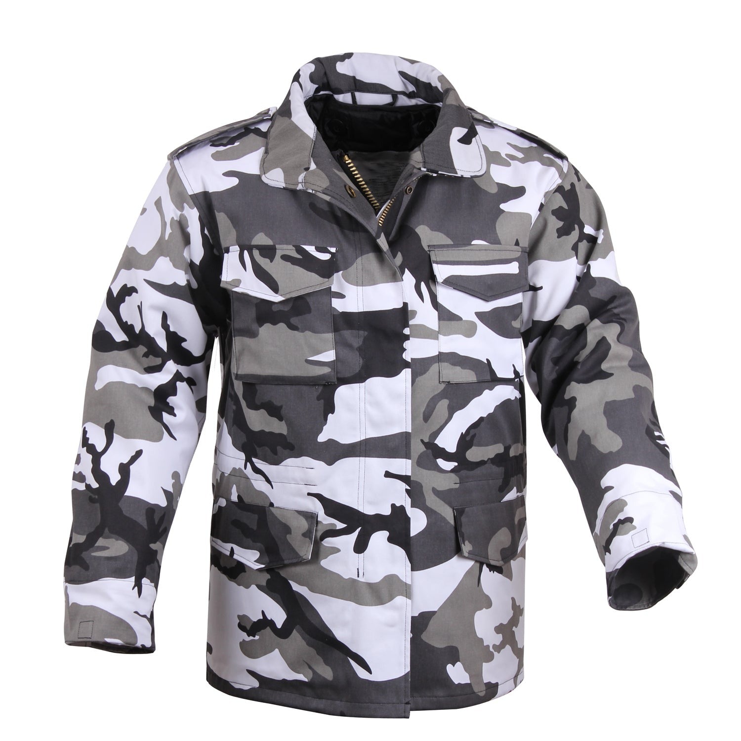 Field Jacket Is Made To Government Specifications Water Repellent Poly/Cotton Twill Exterior With Shoulder Epaulets Removable 100% Polyester Quilted Button-In Liner Concealed Hood With Brass Zipper Closure And Drawstring Hood Heavy Brass Zipper, Snap-Up Storm Flap, 4 Snap-Up Pockets Hook And Loop Wrist Cuffs For Attaching Gloves Waist And Bottom Drawstring For A Snug Fit