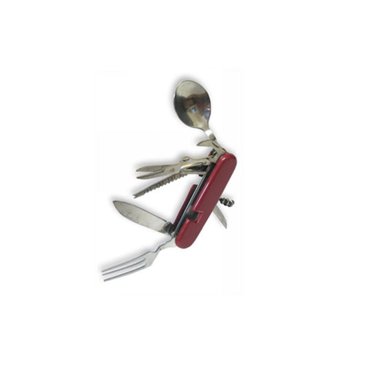 This is a replica 8 function swiss fork, spoon army knife that consist of a fork, reamer, scissors and can/bottle opener on one side as well as a knife, spoon, saw and cork screw on the other. When the fork, spoon and knife are out it pulls apart into 2 pieces however closes as one tool.   2 pieces when fork and spoon are in use Folds up as one compact tool  Stainless steel www.moralepatches..com.au