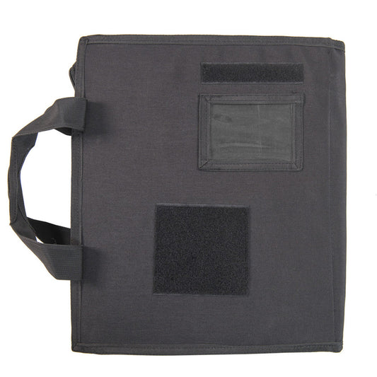 Features:  External ID window Looped hook and loop closures Zippered closure Spring clip for documents Pen holders Map Card Sleeves Large pocket fits most laptops/tablets Specifications:  Colour: Black Size: A4 www.moralepatches.com.au