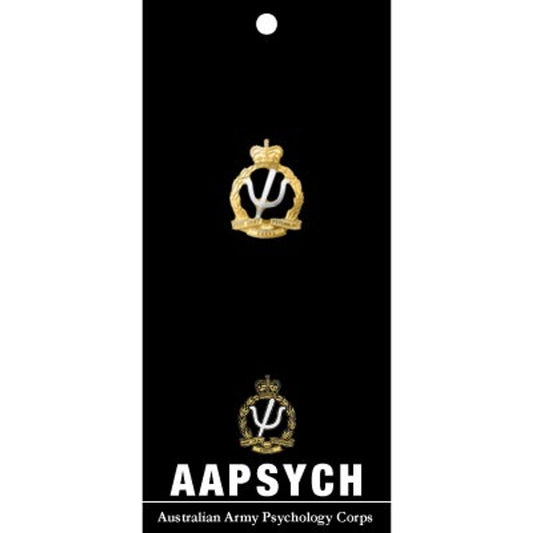 Australian Army Psychology Corps (AA PSYCH) 20mm full-colour enamel lapel. Displayed on a presentation card, this beautiful gold-plated lapel pin looks great on both jackets or caps. Add this lapel pin to your collection today.  Specifications:  Material: Full-colour enamel, gold-plated zinc alloy Colour: Black, gold, silver Size: 20mm www.moralepatches.com.au