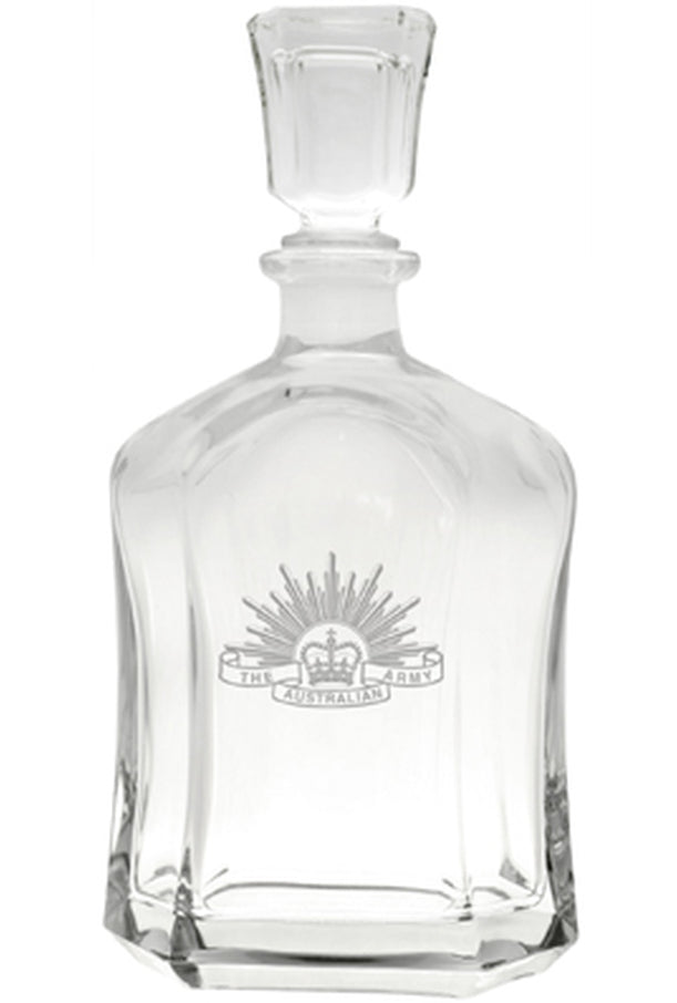 Army crest etched on a stylish 750ml decanter  This high quality Italian glass decanter will look perfect in you cabinet or on your bar www.moralepatches.com.au