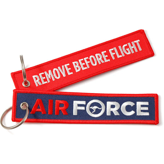 Air Force Key Tag order now from the military specialists. The perfect give away item for the kids.  Nylon key tag embroidered with Air Force branding & Remove before flight wording. Size 14 x 3 cm www.moralepatches.com.au