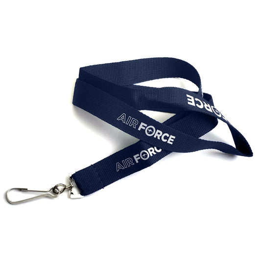 This branded Air Force 20mm lanyard is available now. A perfect promotional product or item for events, this lanyard features a metal swivel clip to make sure you don't lose your important tags. This navy-coloured lanyard features a white Air Force logo and a safety breakaway.  Specifications:  Materials: Fabric, metal clip Colour: Navy blue, white Size: 20mm (width) www.moralepatches.com.au