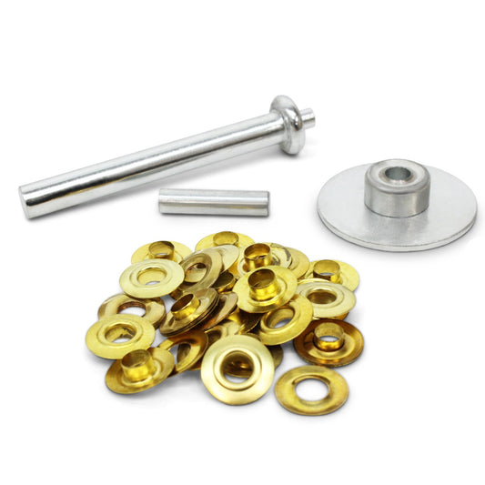 This Brass eyelet kit is great for adding grommets.   Ideal for use with canvas, tarps and other such materials.       20 Grommets     Cutting tool     Die     Insert Punch www.moralepatches.com.au