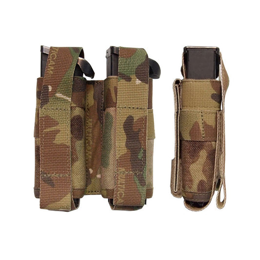 Will hold two double stack H&K USP 19 round 9mm magazines vertically side by side. Will also accommodate standard double stack magazines.  Velcro closure for quick and easy extraction. Velcro flap can be tucked in behind magazine for quicker magazine removal if required.  Requires two PALS columns for attachment. www.moralepatches.com.au