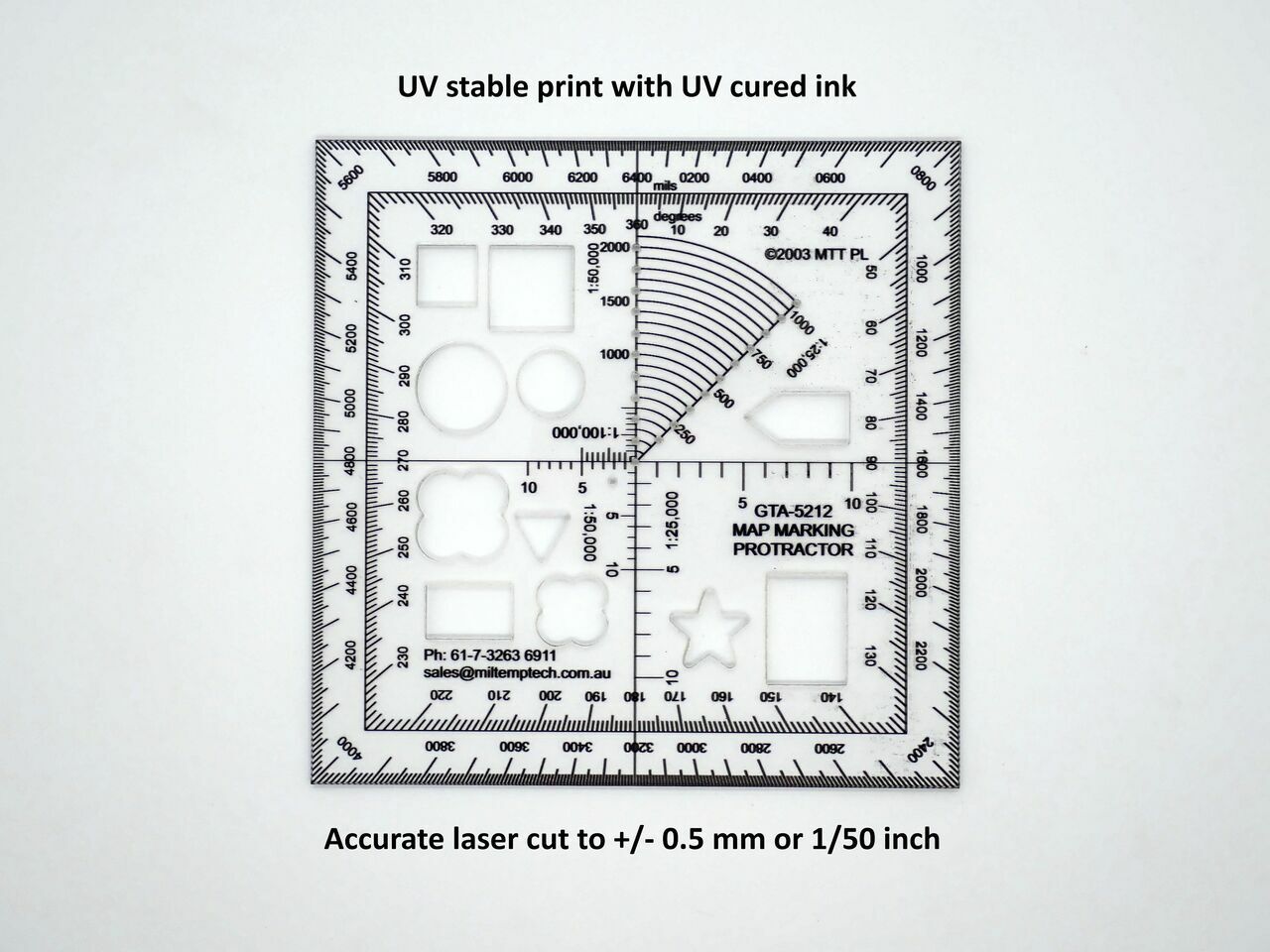 These protractors are digitally printed on the underside of 1.5mm thick plastic to avoid parallax error. They are then laser cut to an accuracy of +/- 0.25 mm.  Size: 120 x 120 x 1.5mm  Protractor: Degrees and Mils