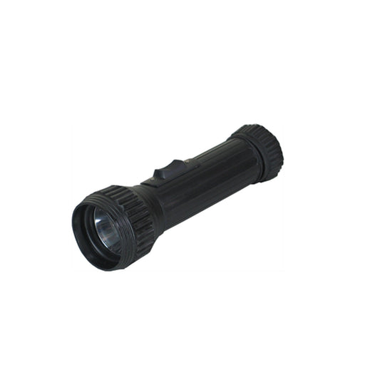 Heavy duty flashlight for camping  Plastic construction Rubber grips on top and bottom Slide on/off button wwww.moralepatches.com.au