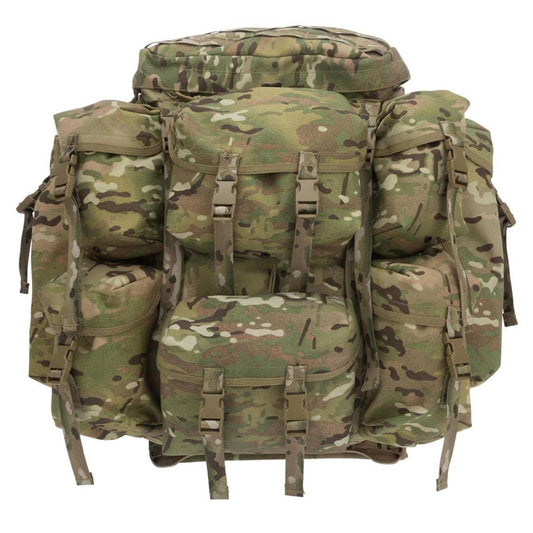 2 x 3 Litre detachable side pouches with bladder attachments 2 x 2 Litre South African water bottle pouches 2 x Wide ration pack pouches 2 x Small utility pouches 1 x Dual zipped Claymore pouch on the lid with Molle A 90-litre capacity, 65L when reduced Hoochie compartment in the lid Hidden ET tool attachment behind front pouches Internal zipped divider Internal radio pouch Side access to sleeping bag compartment 20mm closed cell foam in frame pad for extra shoulder comfort