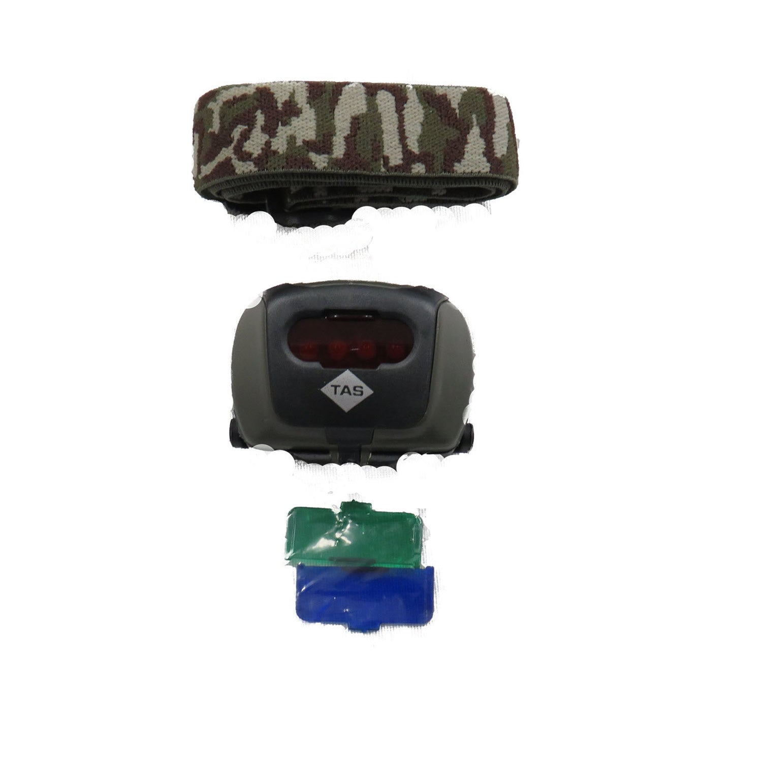 Water resistant design  Red, green and blue colour filters  3 brightness levels plus strobe  Fully adjustable elastic headband  4 long life, super bright LEDs  50 lumens  Takes 3x AAA batteries(not included)