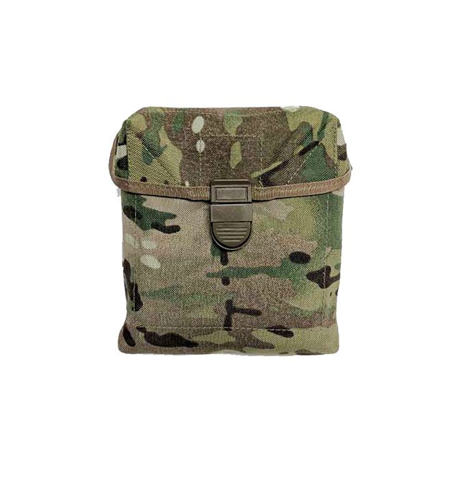 Fits 200 rounds of 5.56mm disintegrating link 150 rounds of 7.62 link (Approx) or two 1L flasks Horse shoe and Velcro® closure Hard plated face Double layered fabric for added reinforcement Genuine Multicam  MOLLE compatible