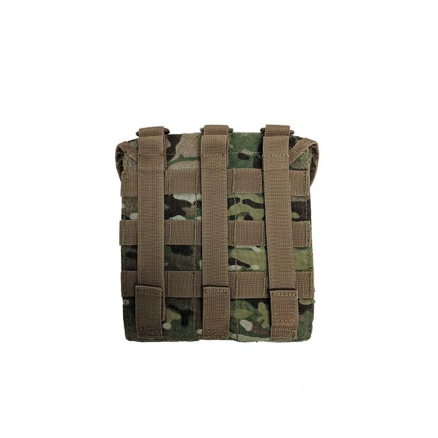Fits 200 rounds of 5.56mm disintegrating link 150 rounds of 7.62 link (Approx) or two 1L flasks Horse shoe and Velcro® closure Hard plated face Double layered fabric for added reinforcement Genuine Multicam  MOLLE compatible
