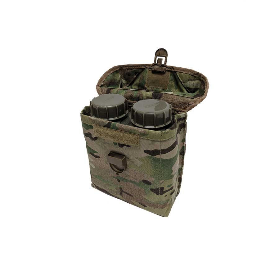 Fits 200 rounds of 5.56mm disintegrating link 150 rounds of 7.62 link (Approx) or two 1L flasks Horse shoe and Velcro® closure Hard plated face Double layered fabric for added reinforcement Genuine Multicam  MOLLE compatible